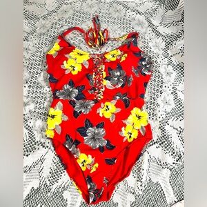 Ambrielle red and floral one piece swimsuit